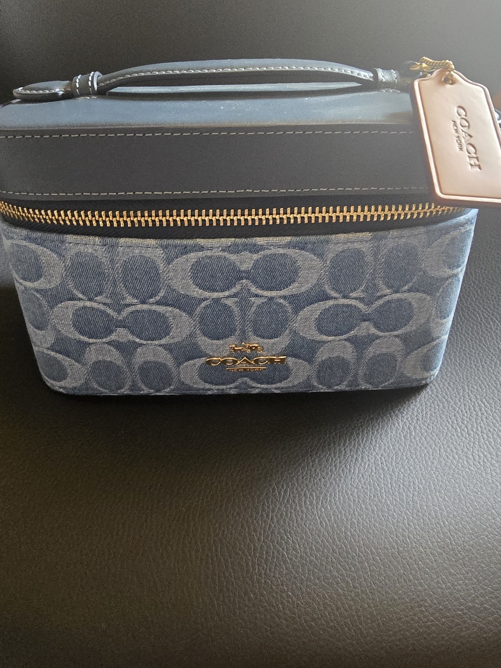 Coach Denim Signature Cosmetic Case with Top Handle and Gold Trim